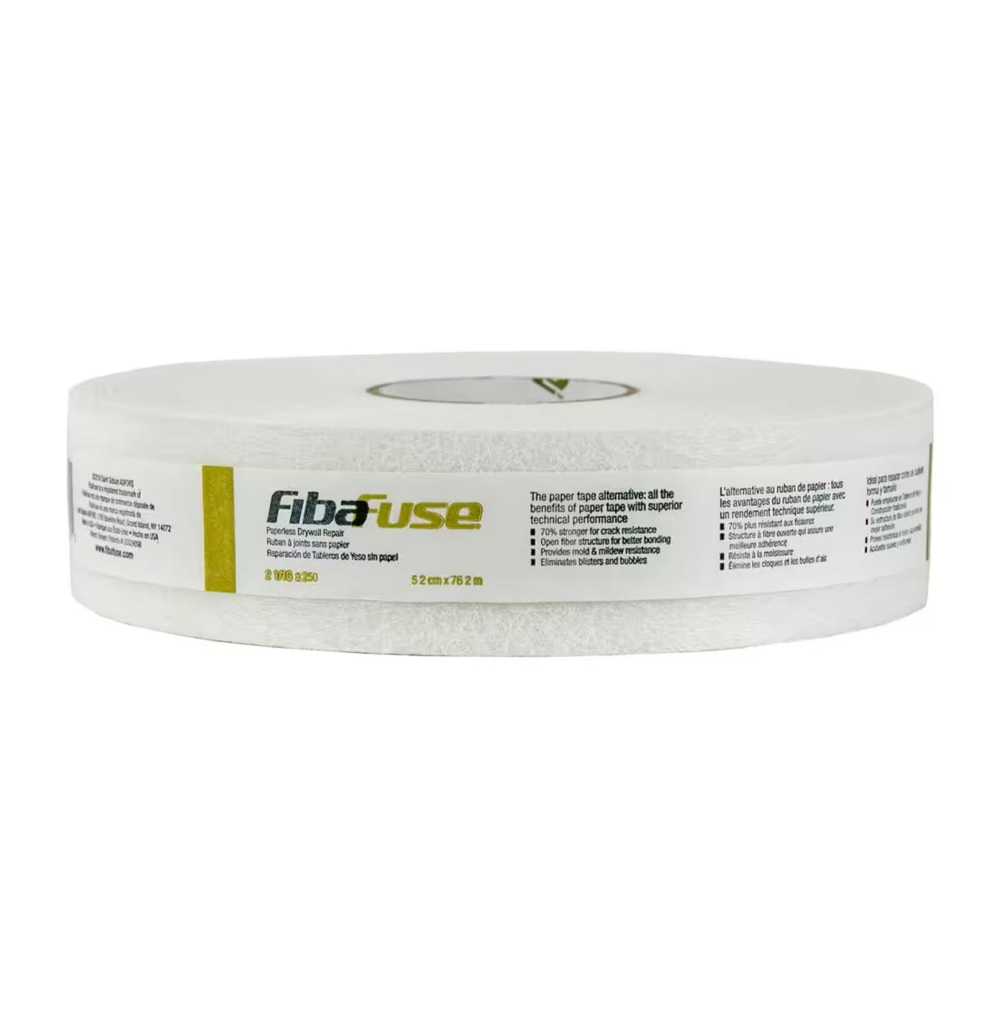 A roll of ADFORS FibaTape FDW9101-U 2-1/16 in. x 250 ft. FibaFuse White Paperless Drywall Joint Tape, showing its fibrous texture and labeled wrapper, is displayed on a white background.